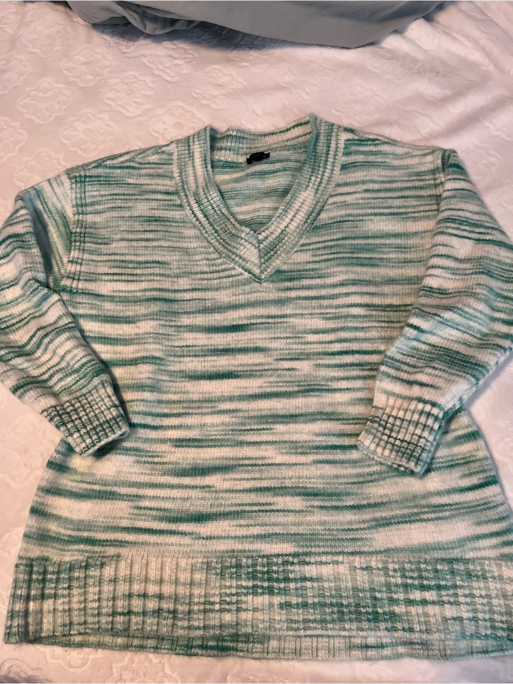 Talbots L Green & Cream Striped V-Neck Women's Sweater